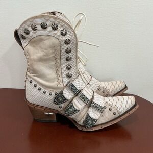 Women's Cream Western Studded Ankle Booties with Decorative Concho Straps